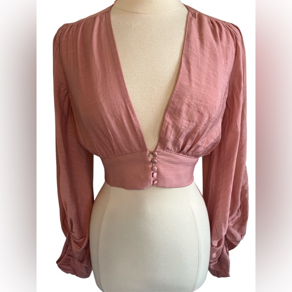HYFVE Tops - Hyfve Bohemian Pink Crop blouse w/Long Balloon Sleeves button waist Size Medium